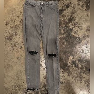 Grey Zara Distressed High Rise Jeggings Jeans w/ Frayed Bottom